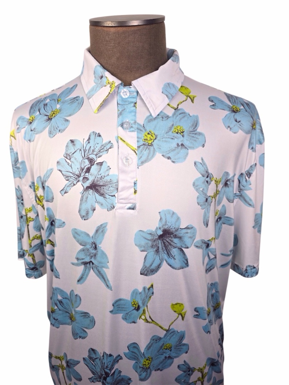 MCEDAR Men's Performance Golf Polo XL White Blue Floral Tropical Dry Fit EUC